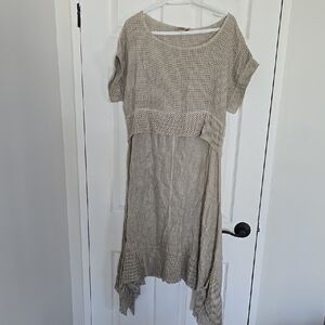 7 Agosto Taupe Linen Cotton Mesh Accent Lagenlook Prairie Midi Dress Sz M